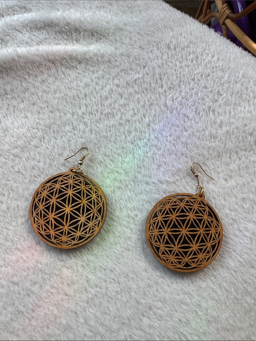 Wooden Flower of Life Dangle Earrings - Natural Brown